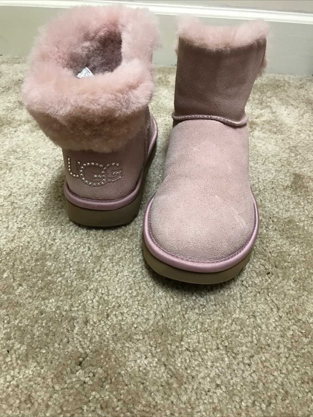 UGG Pink Suede Shearling Cuff Crystal Logo Boots